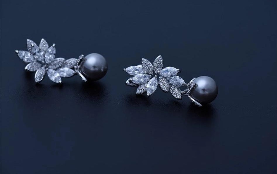 Floral Grey Pearl Rodium Plated Earrings