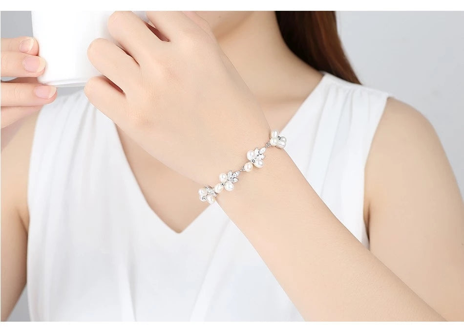 Floral Freshwater Pearl Rodium Plated Bracelet