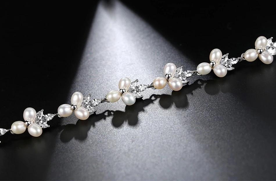 Floral Freshwater Pearl Rodium Plated Bracelet