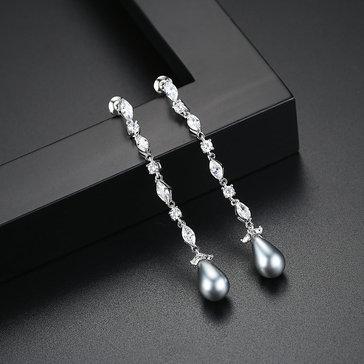 Grey Freshwater Pearl Drop Rodium Plated Earrings