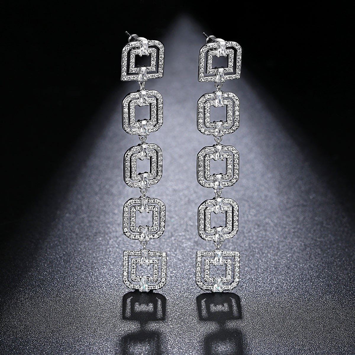 Cube Baguette Drop Rodium Plated Earrings