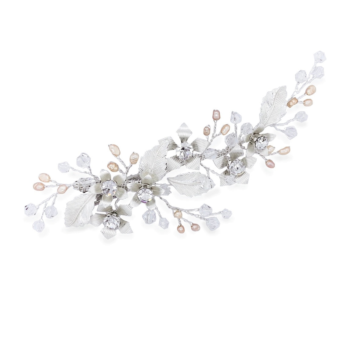 True grace silver crystal and blush pearl bohemian flower clip