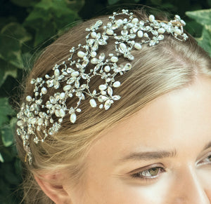 Serenity silver rhodium crystal and pearl statement hair vine