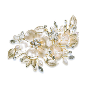 Sunrise gold crystal and Pearl floral enamelled clip